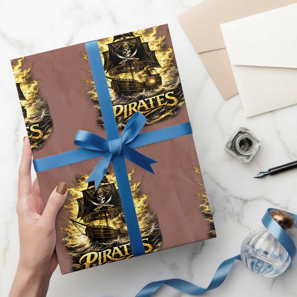 Pirate Lovers Wrapping Paper Roll Vintage Golden Pirate Ship Skull Graphic