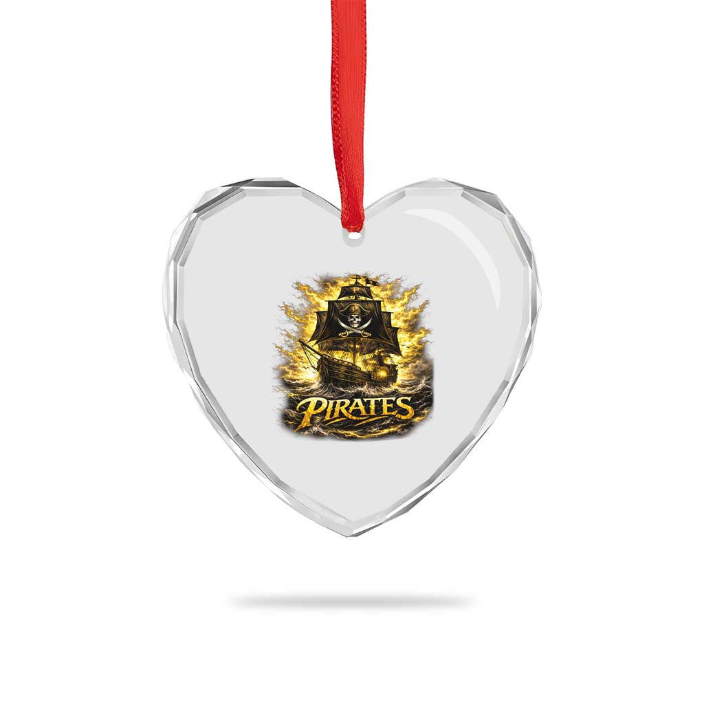 Pirate Lovers Heart Crystal Glass Ornament Vintage Golden Pirate Ship Skull Graphic