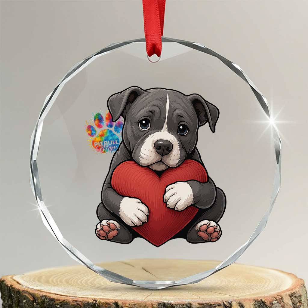 Pitbull Mom Crystal Glass Ornament Cute Puppy Hugging Heart Love Dog - Wonder Print Shop