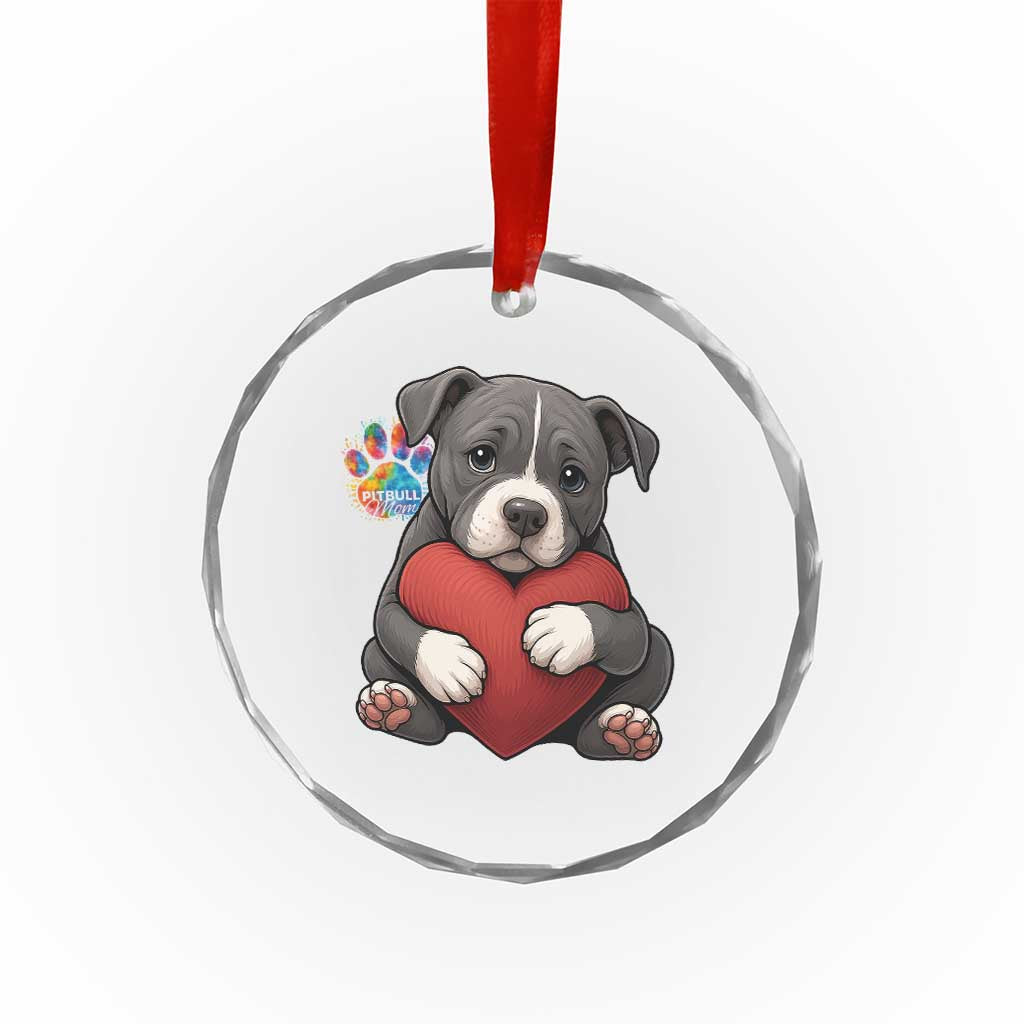 Pitbull Mom Crystal Glass Ornament Cute Puppy Hugging Heart Love Dog - Wonder Print Shop