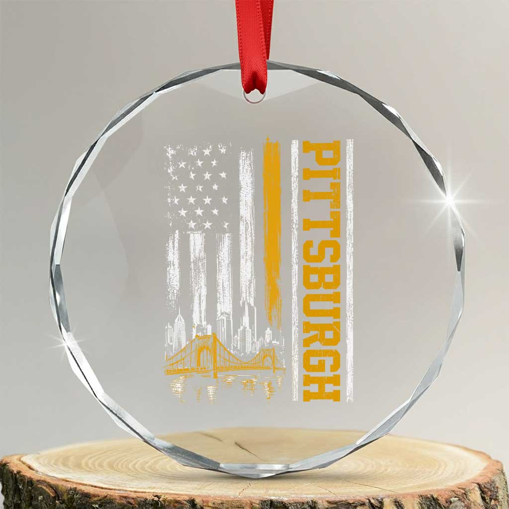 Pittsburgh City Skyline Roberto Clemente Bridge Graphic Crystal Glass Ornament American Flag Yellow Bridge City Hometown Pride
