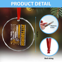Pittsburgh City Skyline Roberto Clemente Bridge Graphic Crystal Glass Ornament American Flag Yellow Bridge City Hometown Pride