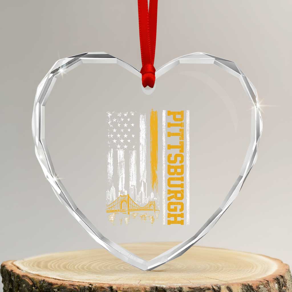 Pittsburgh City Skyline Roberto Clemente Bridge Graphic Heart Crystal Glass Ornament American Flag Yellow Bridge City Hometown Pride