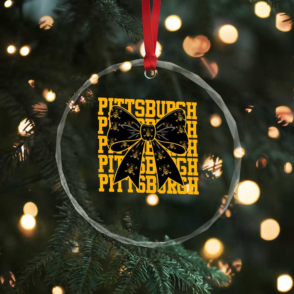 Pittsburgh Coquette Bow Crystal Glass Ornament Retro Sports Style Pirate Skull