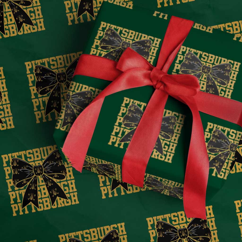 Pittsburgh Coquette Bow Wrapping Paper Roll Retro Sports Style Pirate Skull