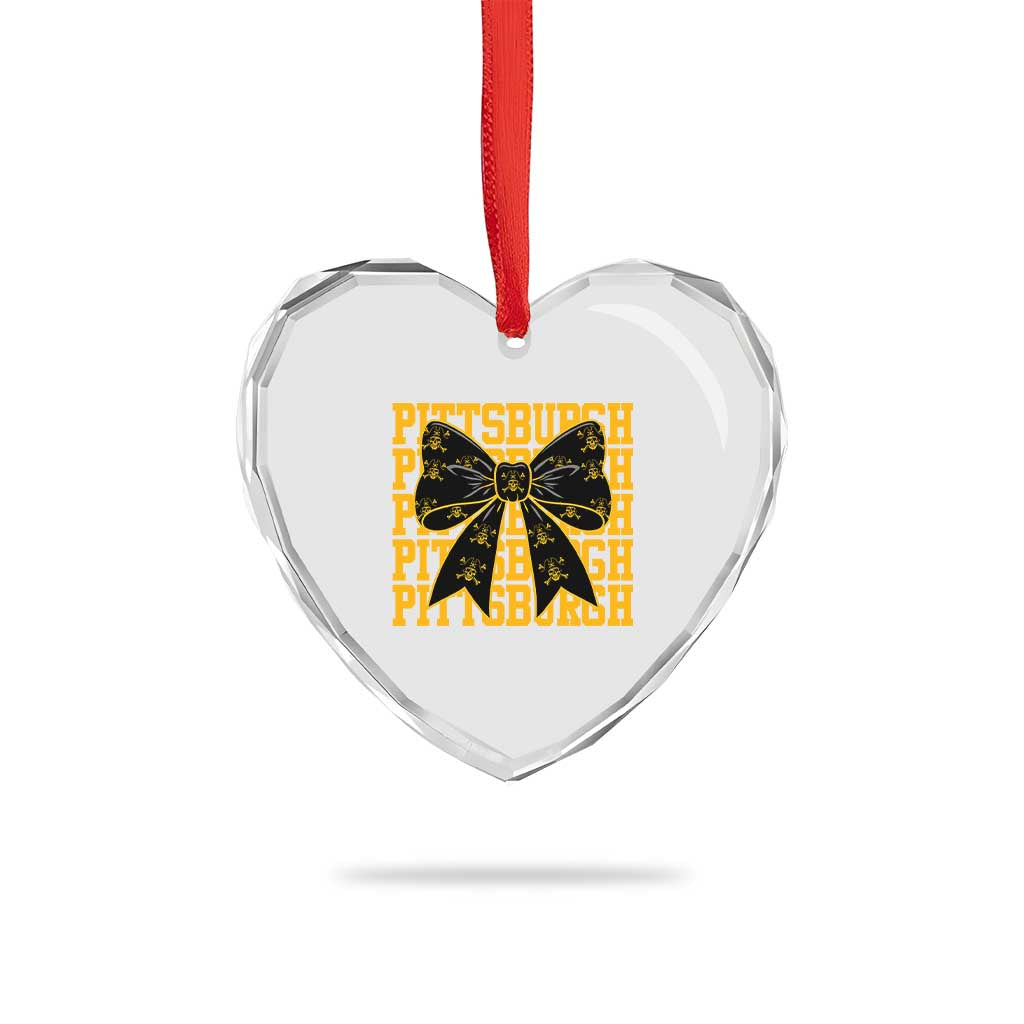 Pittsburgh Coquette Bow Heart Crystal Glass Ornament Retro Sports Style Pirate Skull