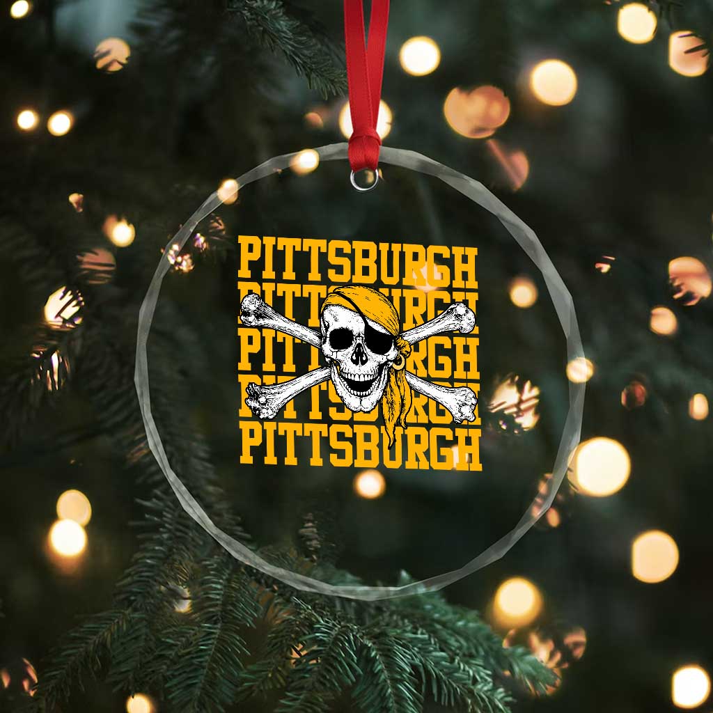 Pittsburgh Lovers Crystal Glass Ornament Retro Pennsylvania Steel City Pirate Skull