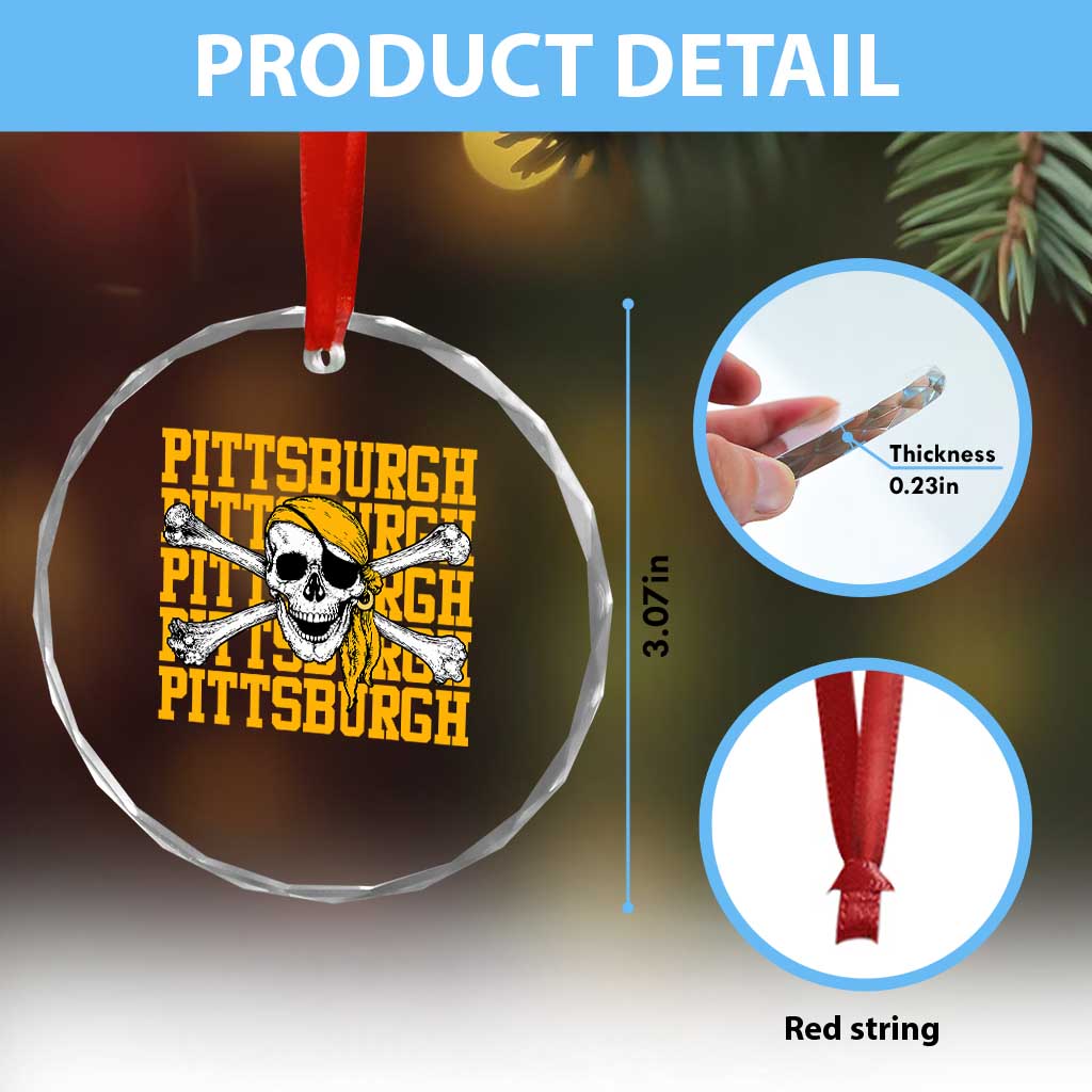 Pittsburgh Lovers Crystal Glass Ornament Retro Pennsylvania Steel City Pirate Skull