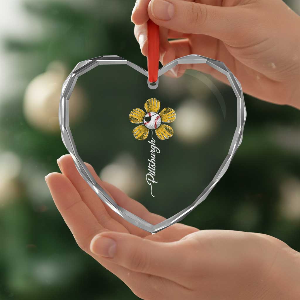 Pittsburgh Sport Retro Baseball Flower Heart Crystal Glass Ornament Funny Game Day