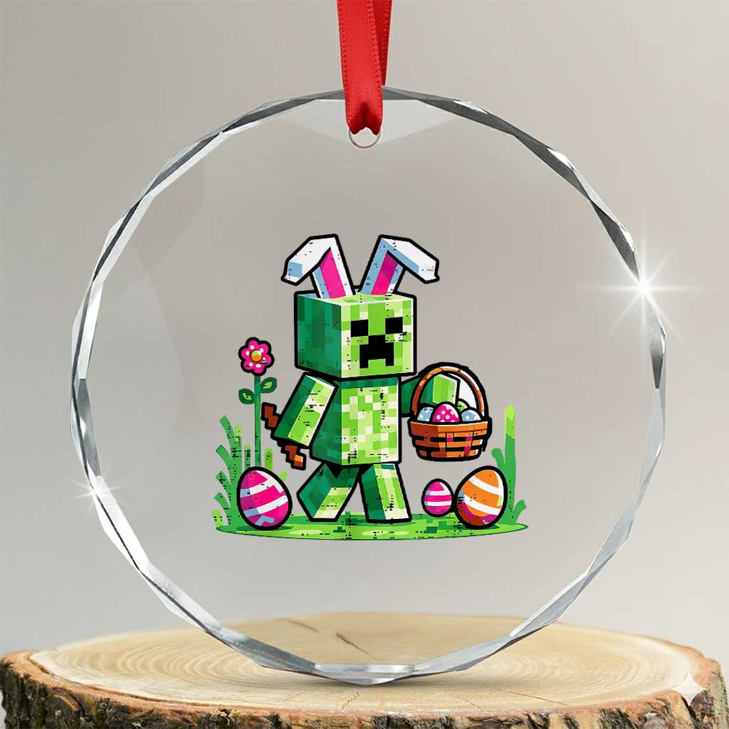 Pixel Easter Bunny Gamer Parody Graphic Crystal Glass Ornament Funny Block Style Rabbit with Eggs Basket Gaming Humor Gift