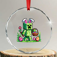 Pixel Easter Bunny Gamer Parody Graphic Crystal Glass Ornament Funny Block Style Rabbit with Eggs Basket Gaming Humor Gift