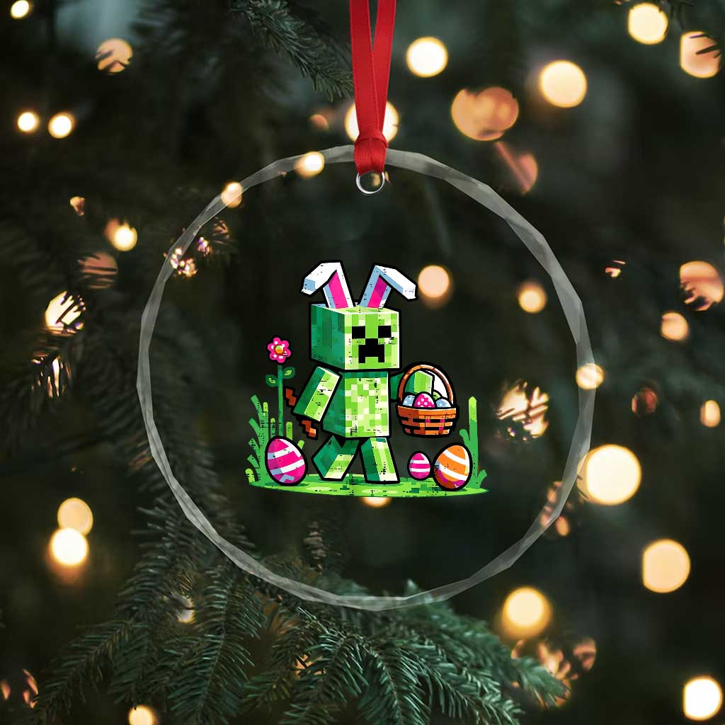 Pixel Easter Bunny Gamer Parody Graphic Crystal Glass Ornament Funny Block Style Rabbit with Eggs Basket Gaming Humor Gift