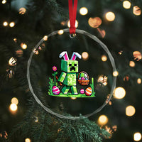 Pixel Easter Bunny Gamer Parody Graphic Crystal Glass Ornament Funny Block Style Rabbit with Eggs Basket Gaming Humor Gift