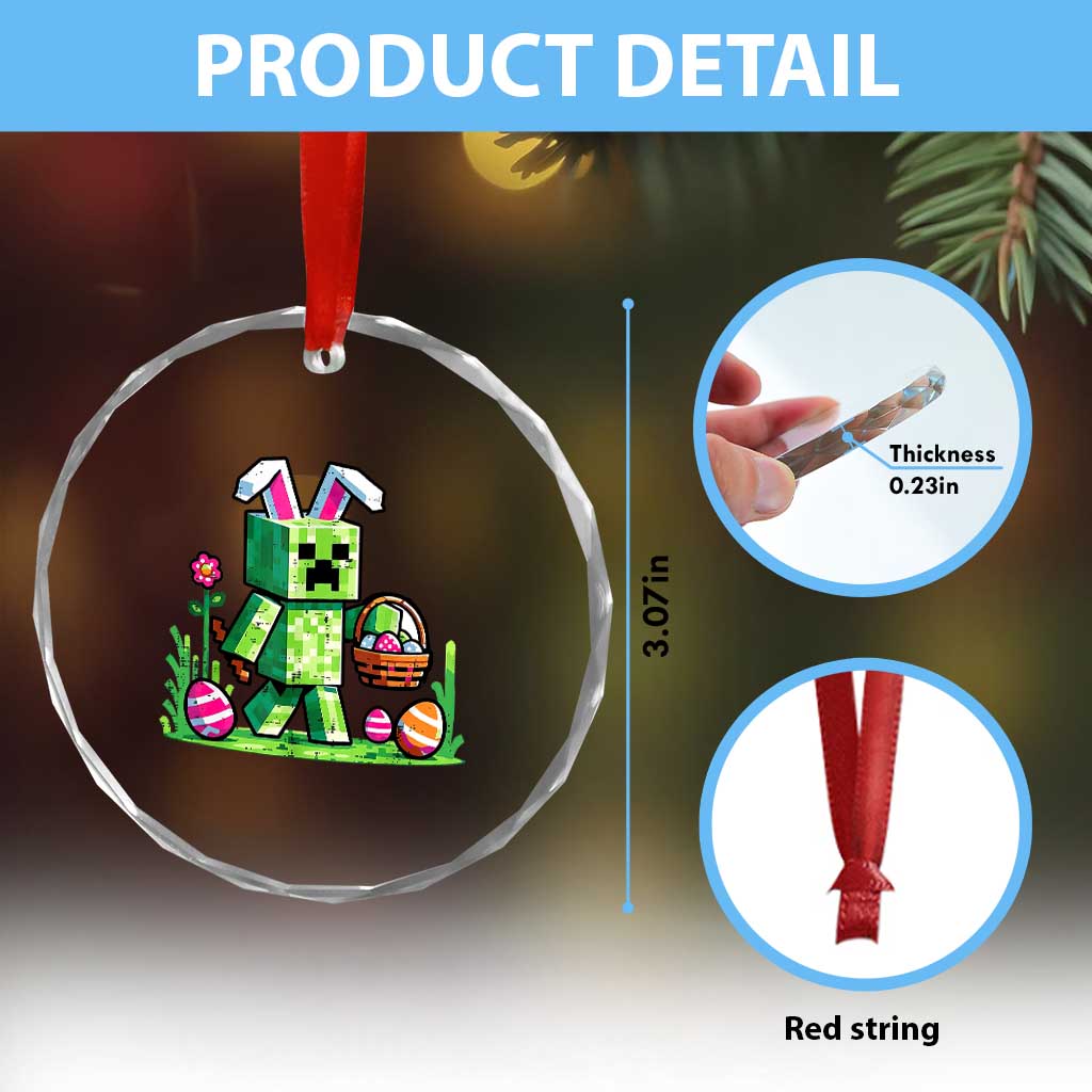 Pixel Easter Bunny Gamer Parody Graphic Crystal Glass Ornament Funny Block Style Rabbit with Eggs Basket Gaming Humor Gift