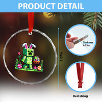 Pixel Easter Bunny Gamer Parody Graphic Crystal Glass Ornament Funny Block Style Rabbit with Eggs Basket Gaming Humor Gift