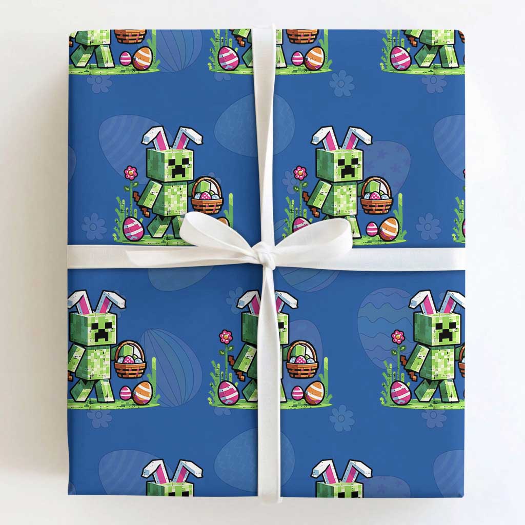 Pixel Easter Bunny Gamer Parody Graphic Wrapping Paper Roll Funny Block Style Rabbit with Eggs Basket Gaming Humor Gift