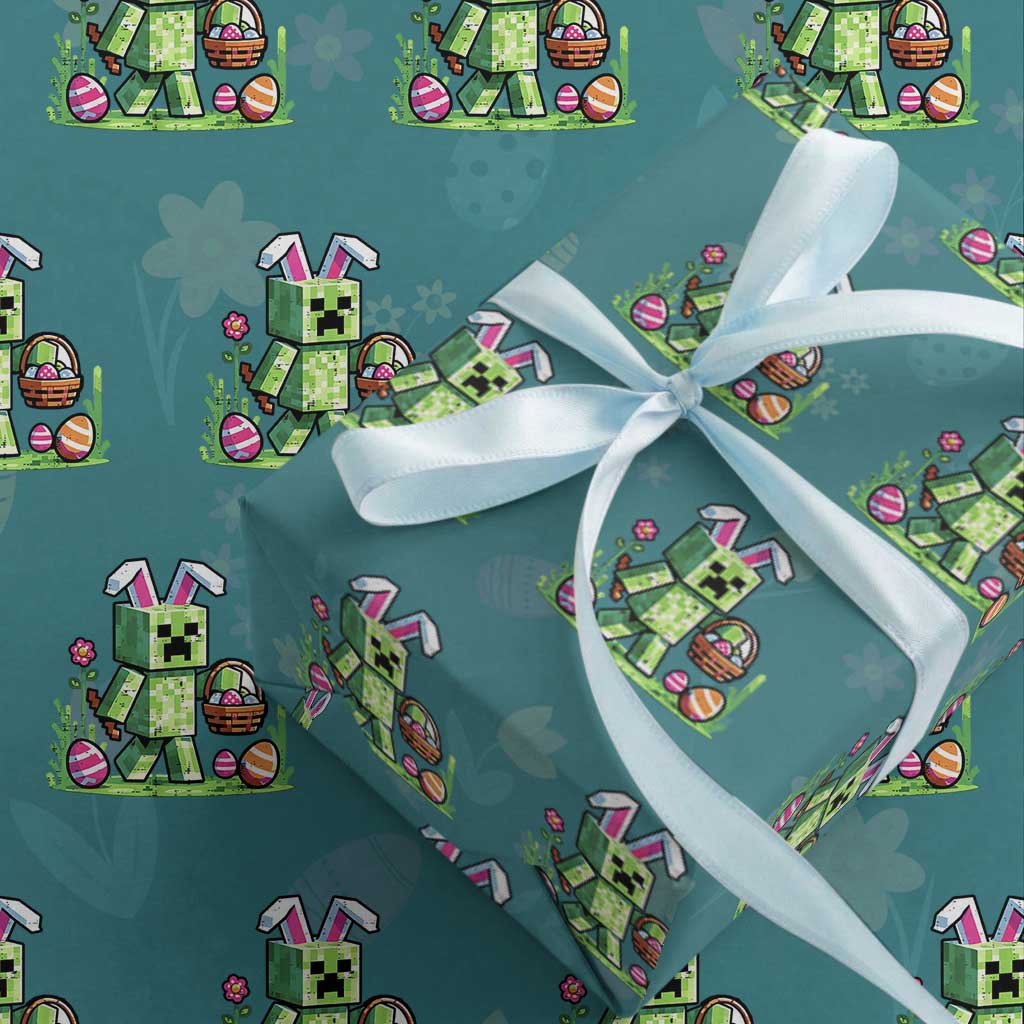 Pixel Easter Bunny Gamer Parody Graphic Wrapping Paper Roll Funny Block Style Rabbit with Eggs Basket Gaming Humor Gift
