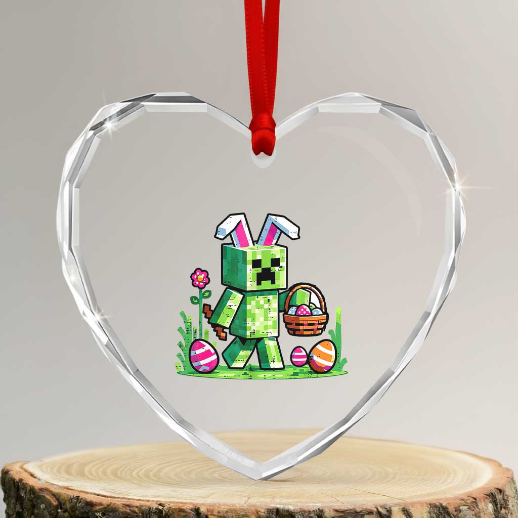 Pixel Easter Bunny Gamer Parody Graphic Heart Crystal Glass Ornament Funny Block Style Rabbit with Eggs Basket Gaming Humor Gift