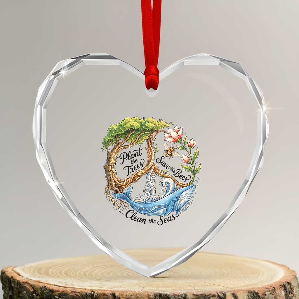Plant The Trees Save The Bees Clean The Seas Heart Crystal Glass Ornament Vintage Peace Sign Aesthetic Nature Lover Ocean Conservation