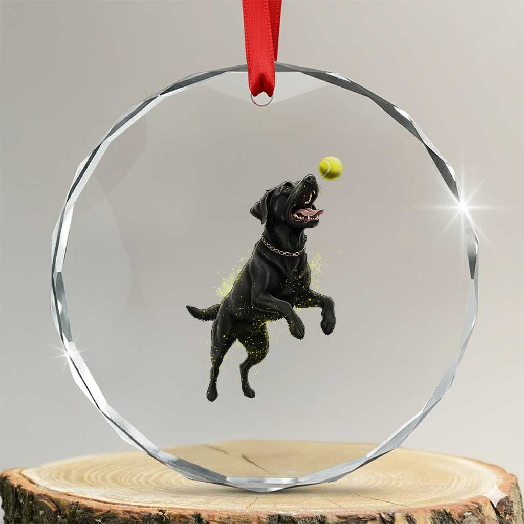 Playful Black Labrador Fetching Chasing Tennis Ball Crystal Glass Ornament - Wonder Print Shop