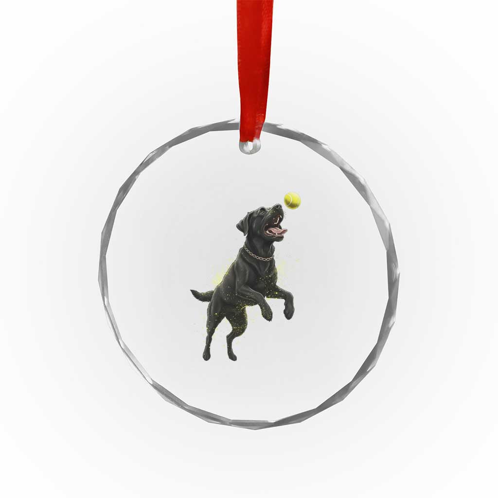 Playful Black Labrador Fetching Chasing Tennis Ball Crystal Glass Ornament - Wonder Print Shop