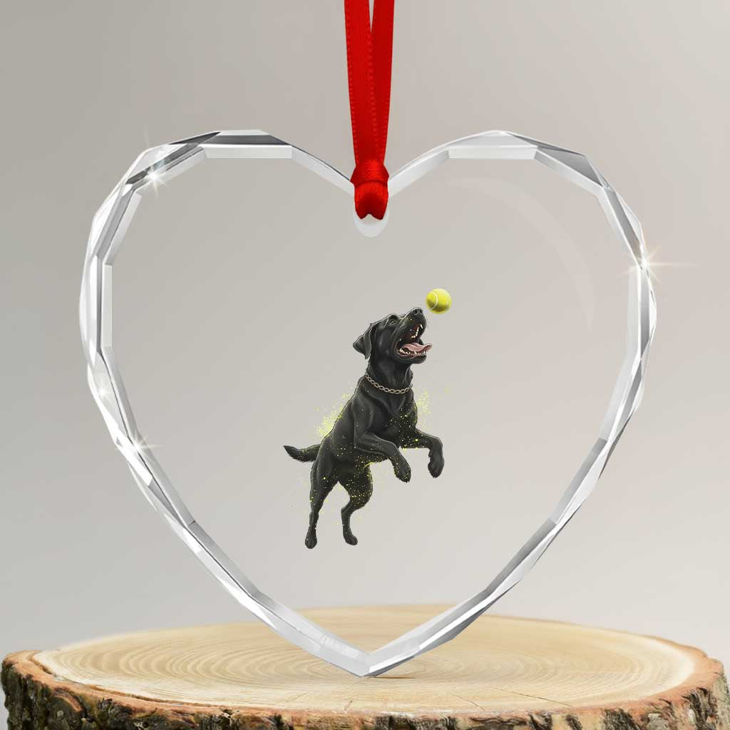 Playful Black Labrador Fetching Chasing Tennis Ball Heart Crystal Glass Ornament - Wonder Print Shop