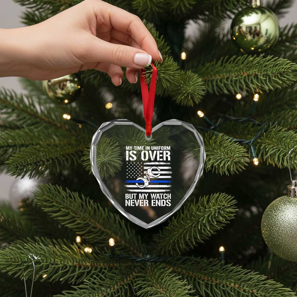 Police Retirement Heart Crystal Glass Ornament Handcuffs US Flag Retired Police Graphic