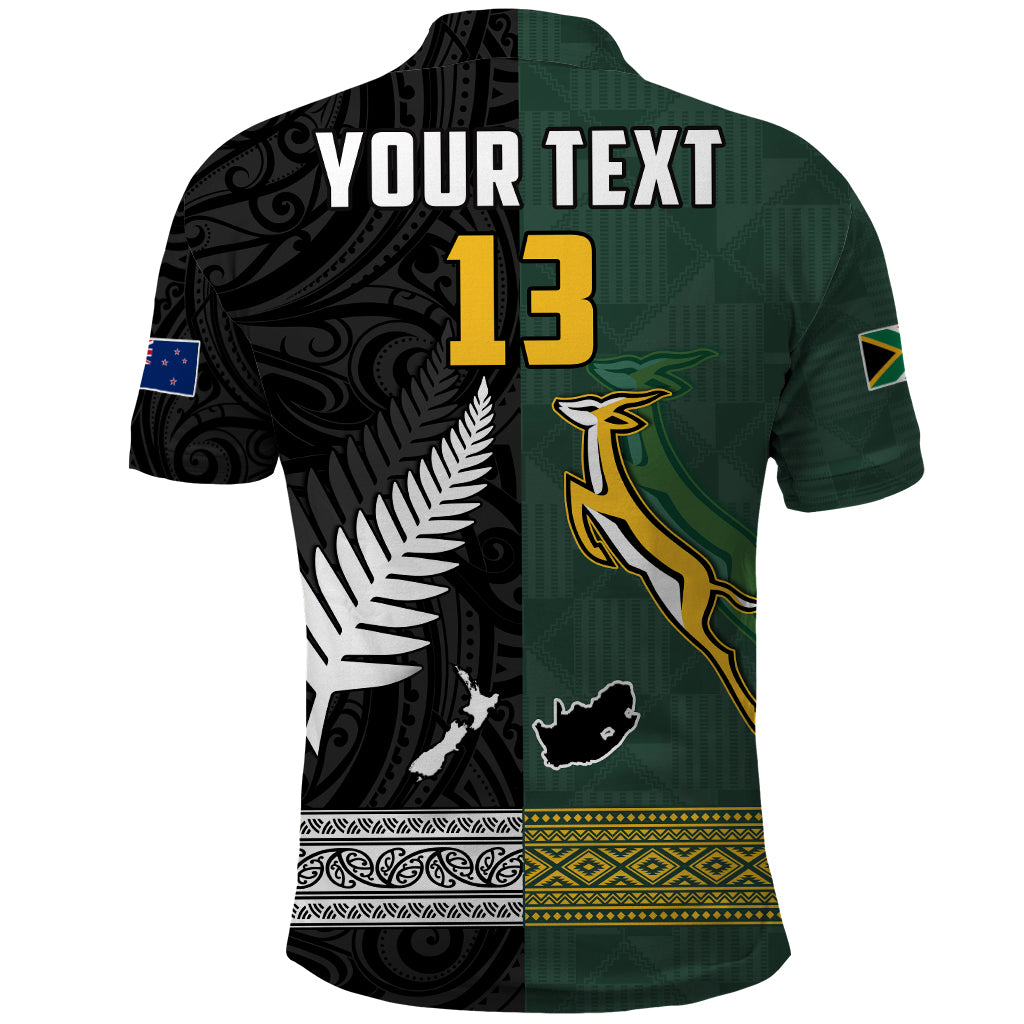 Custom Text and Number South Africa Protea and New Zealand Fern Polo Shirt Rugby Go Springboks vs All Black LT13