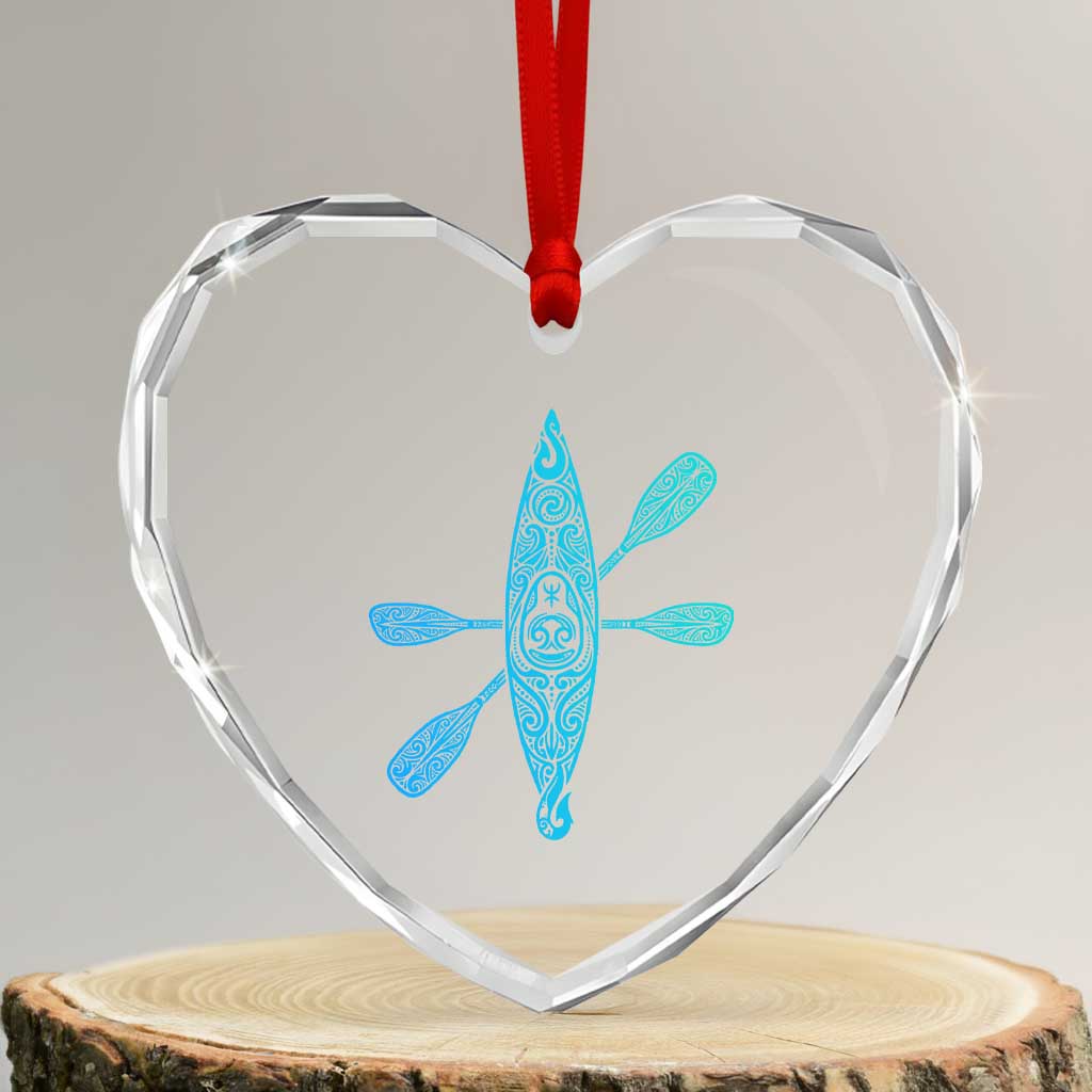 Polynesian Tribal Kayak Graphic Heart Crystal Glass Ornament Maori Pattern Water Sports Cyan Gradient Paddling