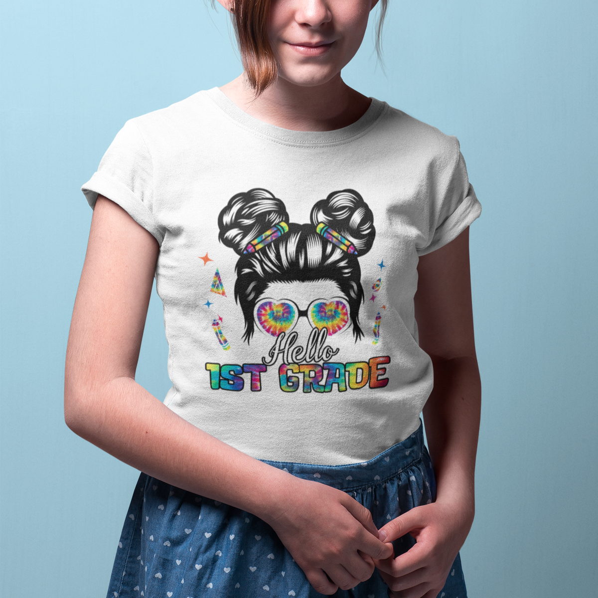 Hello 1st Grade T Shirt For Kid Cute Messy Bun Girls Back To School Tie Dye - Wonder Print Shop