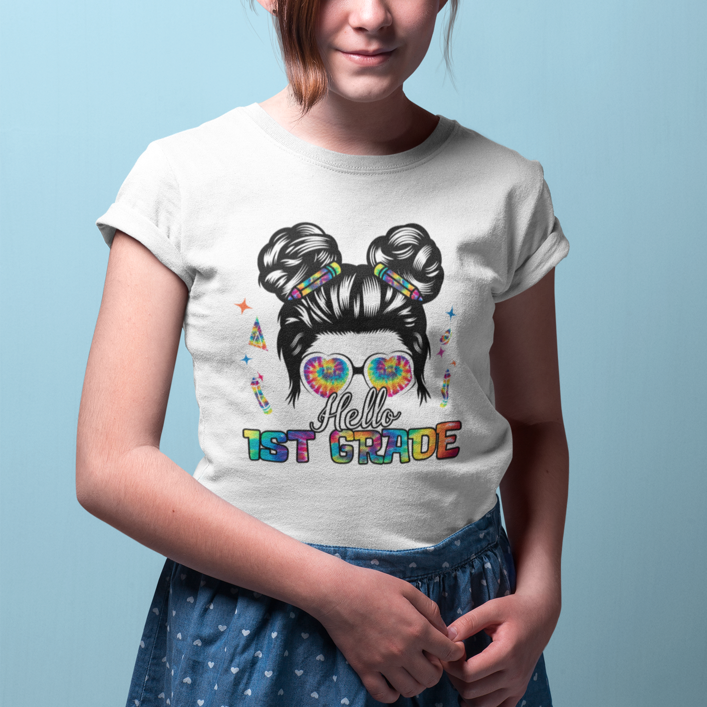 Hello 1st Grade T Shirt For Kid Cute Messy Bun Girls Back To School Tie Dye - Wonder Print Shop
