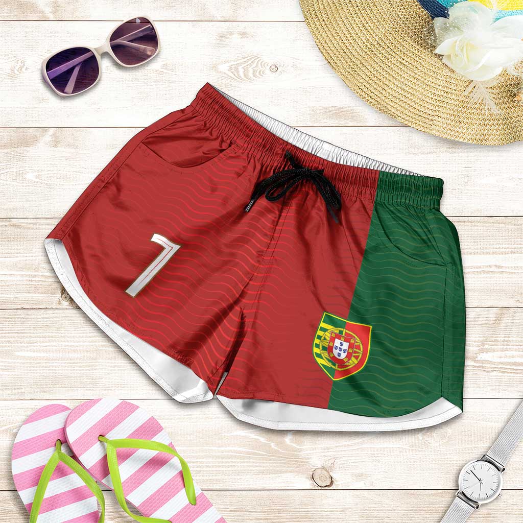 Portuguese Football Personalised Shorts for Women Wave Pattern Heritage Crest