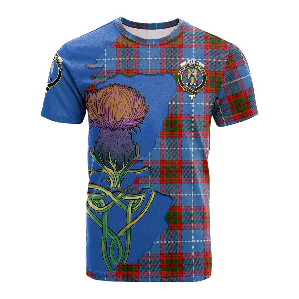 preston-tartan-family-crest-t-shirt-tartan-plaid-with-thistle-and-scotland-map-t-shirt
