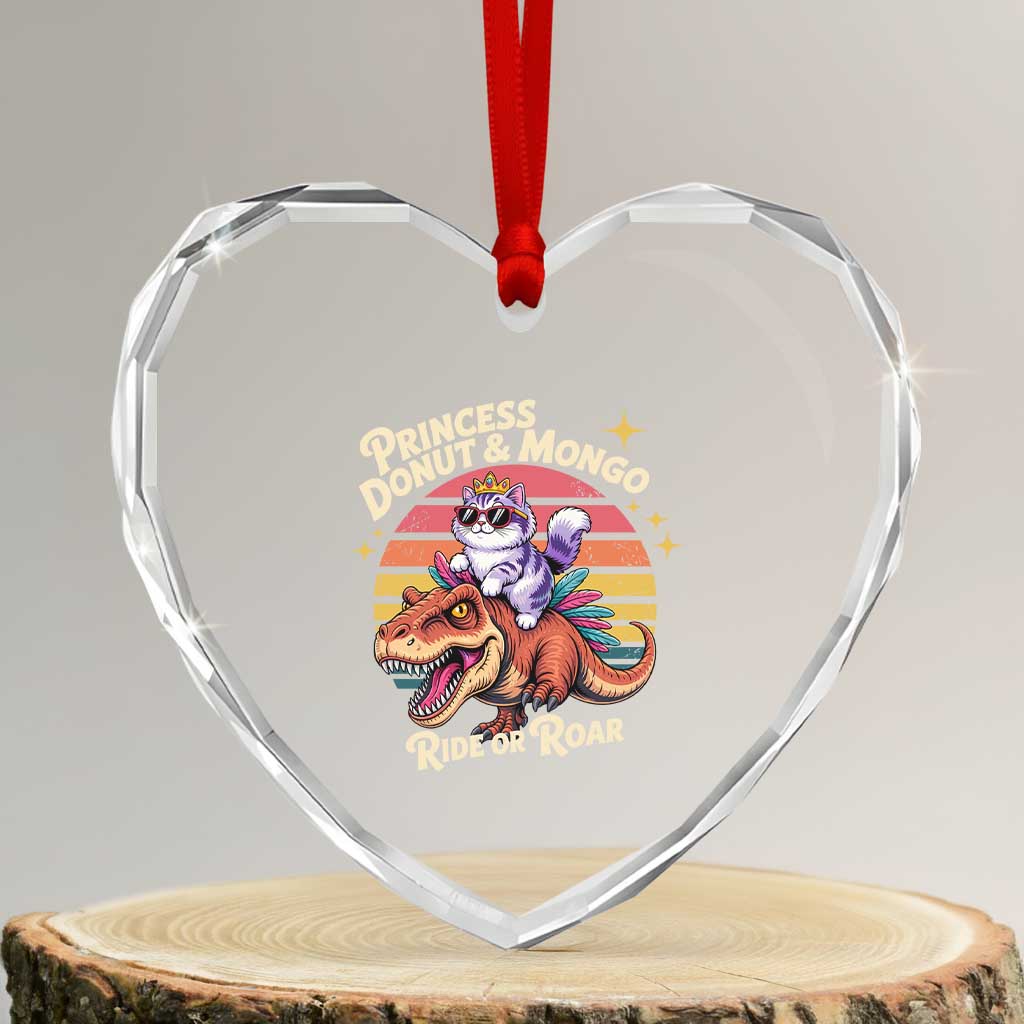 Princess Donut and Mongo Ride or Roar Heart Crystal Glass Ornament Funny Cat Riding Dinosaur Retro Sunset