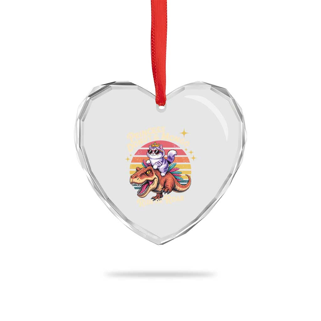 Princess Donut and Mongo Ride or Roar Heart Crystal Glass Ornament Funny Cat Riding Dinosaur Retro Sunset