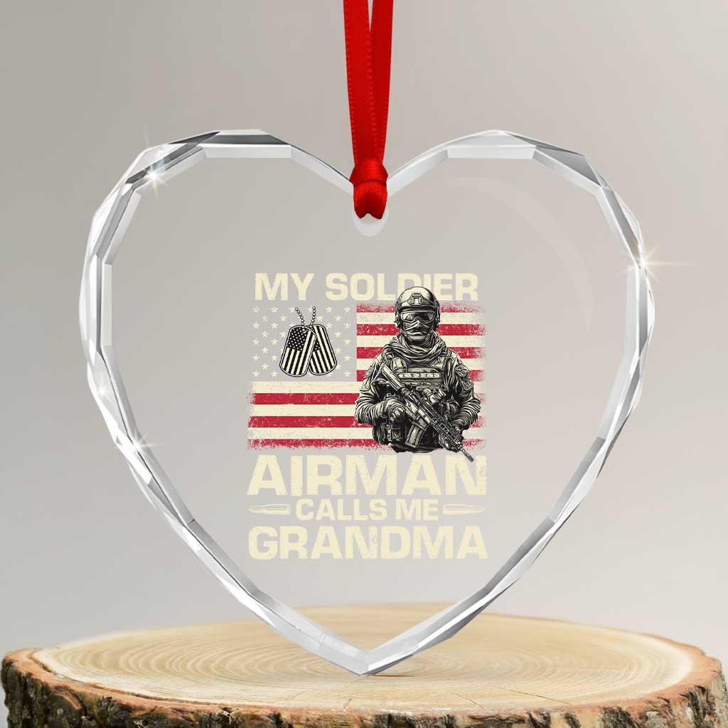 Proud Air Force Grandma Heart Crystal Glass Ornament My Soldier Airman Calls Me Grandma US Flag - Wonder Print Shop