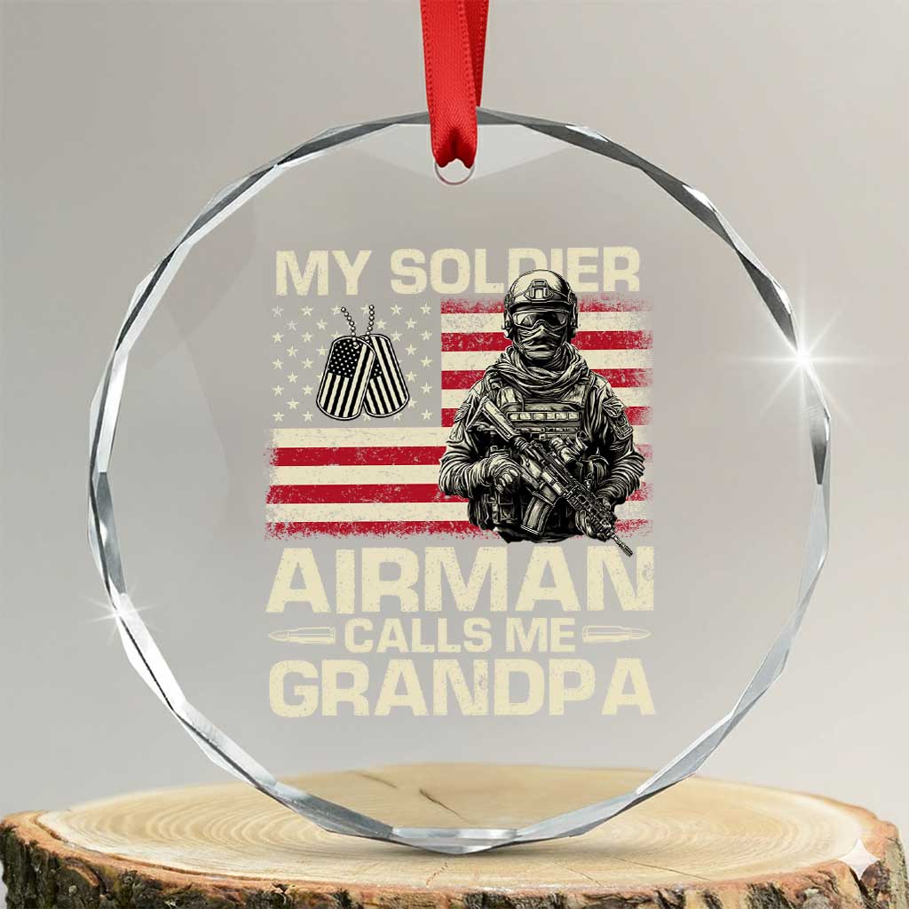 Proud Air Force Grandpa Crystal Glass Ornament My Soldier Airman Calls Me Grandpa US Flag - Wonder Print Shop
