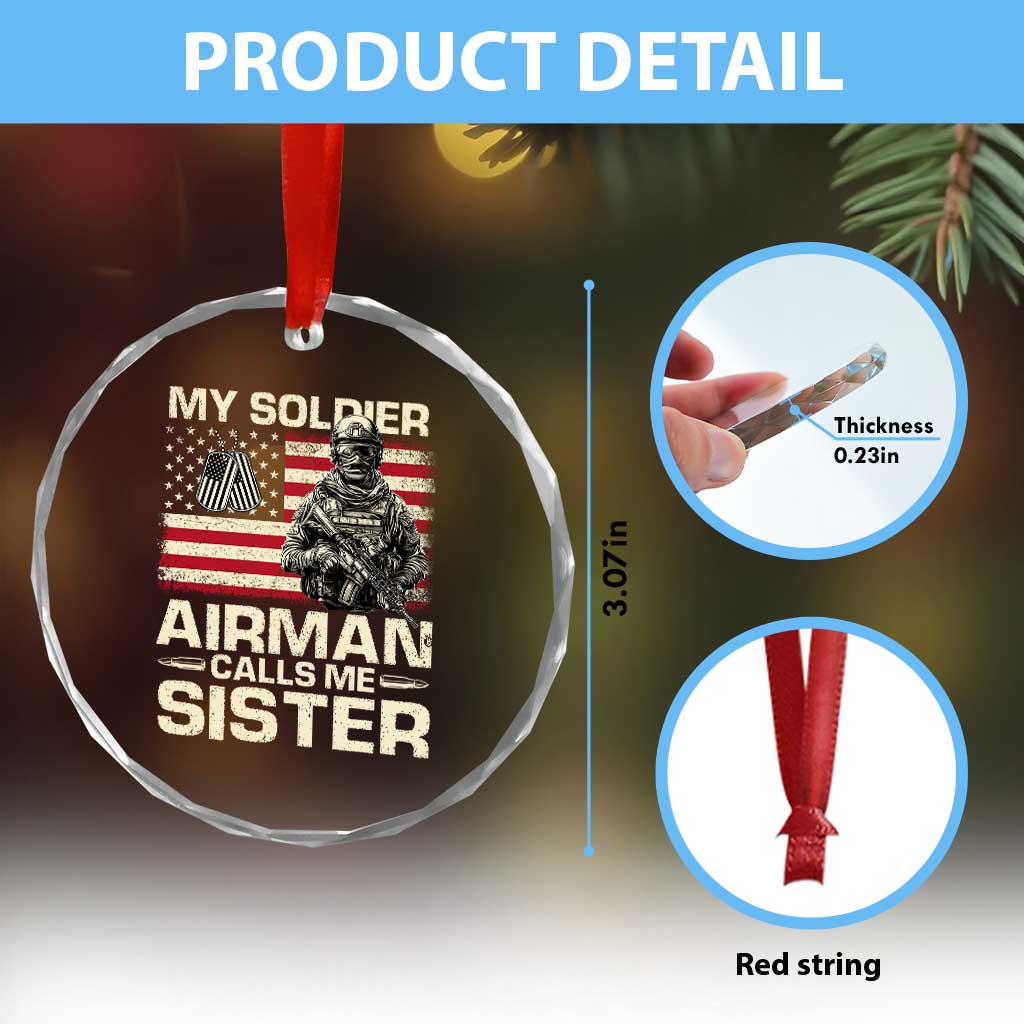 Proud Air Force Sister Crystal Glass Ornament My Soldier Airman Calls Me Sister US Flag - Wonder Print Shop