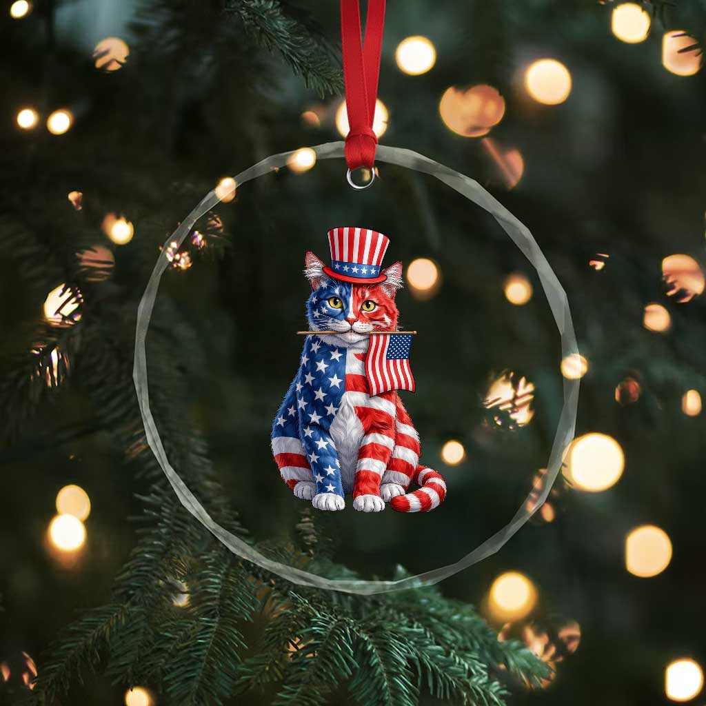 Proud American Cat Lover Crystal Glass Ornament Patriotic Animal Lover Gift