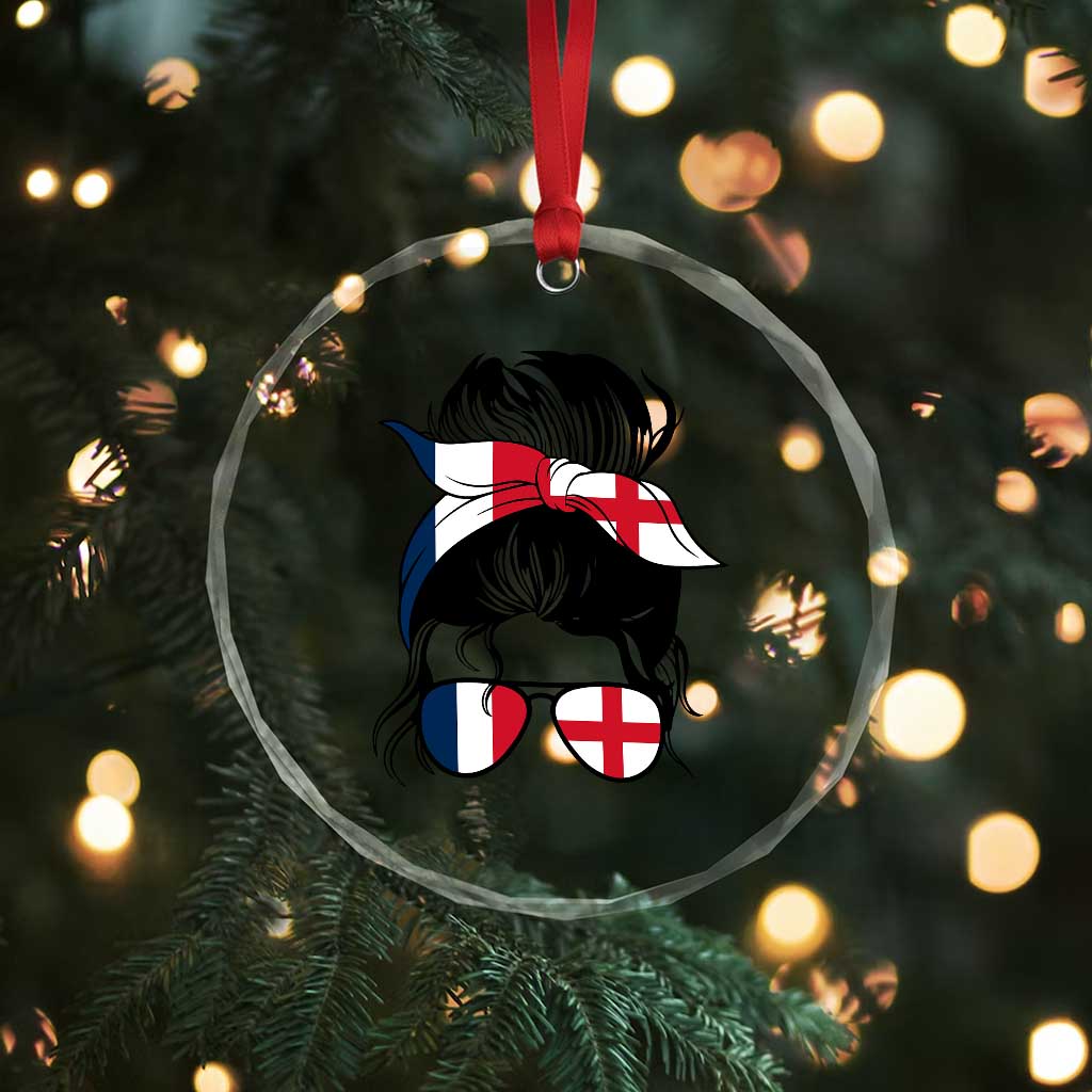 Proud France England Flag Messy Bun Bandana Sunglasses Graphic Crystal Glass Ornament French Anglo English Heritage Roots Woman