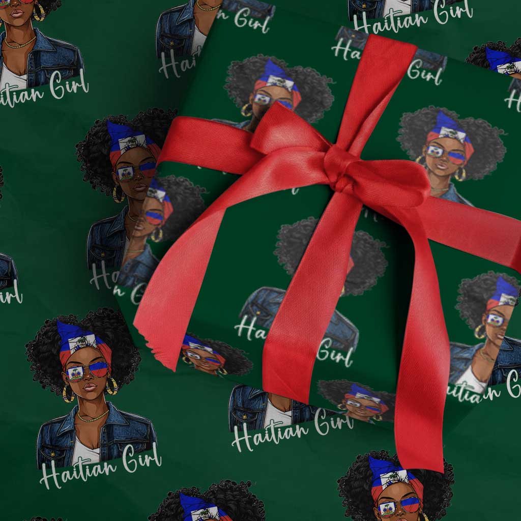 Proud Haitian Afro Girl in Denim Jacket Style Graphic Wrapping Paper Roll Haiti Heritage Pride