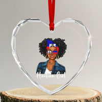 Proud Haitian Afro Girl in Denim Jacket Style Graphic Heart Crystal Glass Ornament Haiti Heritage Pride