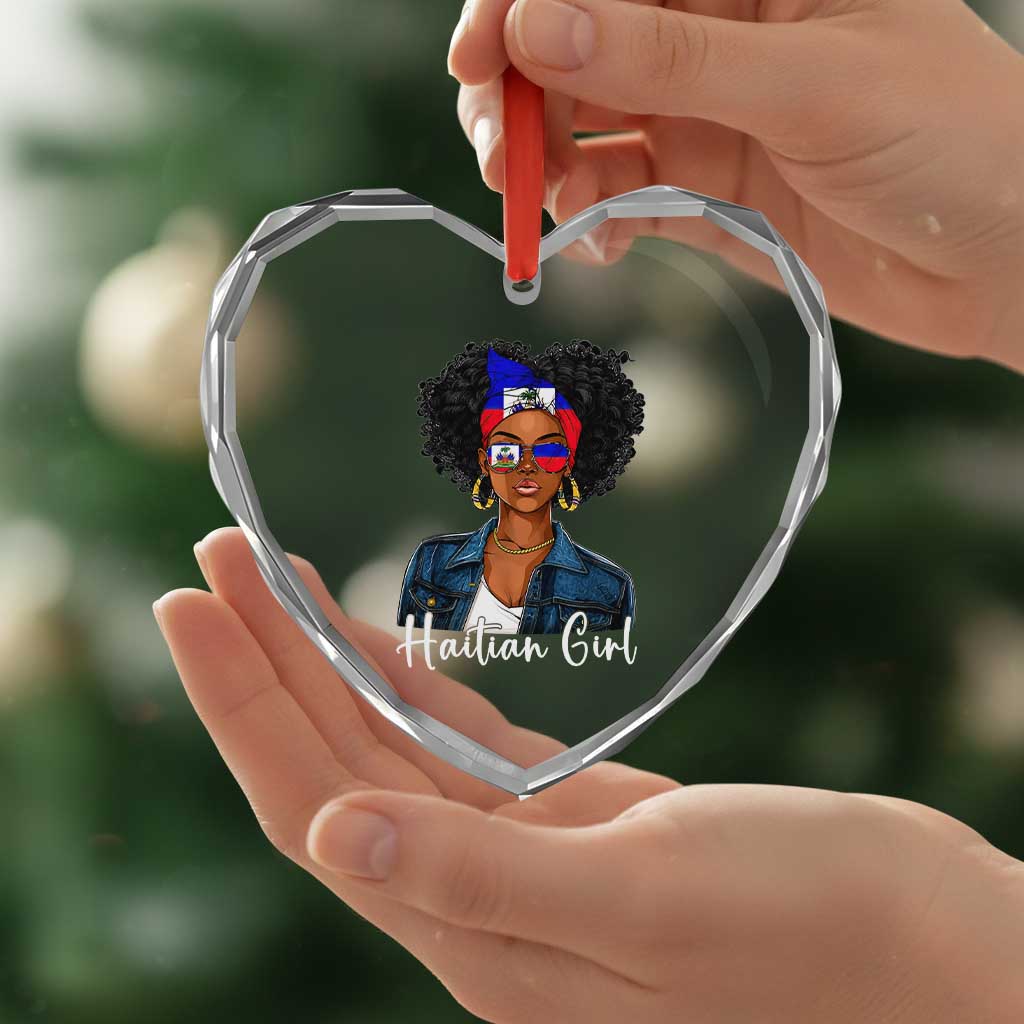 Proud Haitian Afro Girl in Denim Jacket Style Graphic Heart Crystal Glass Ornament Haiti Heritage Pride