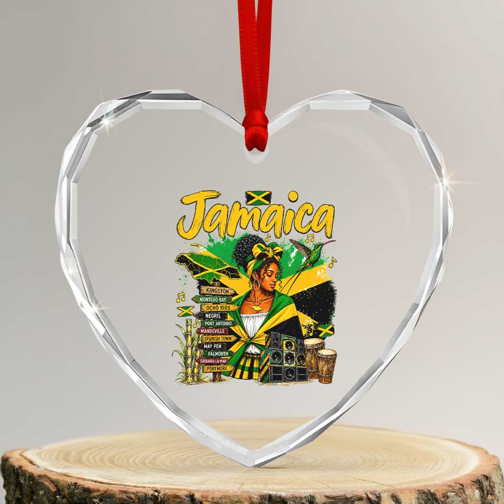 Proud Jamaican Queen Jamaica Roots Heritage Heart Crystal Glass Ornament Doctor Bird and Island Landmarks Graphic