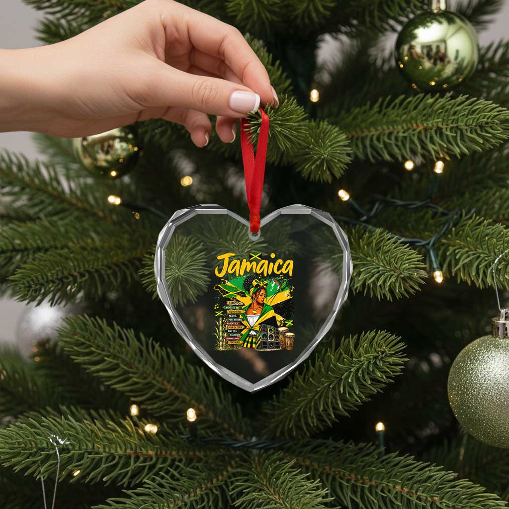 Proud Jamaican Queen Jamaica Roots Heritage Heart Crystal Glass Ornament Doctor Bird and Island Landmarks Graphic