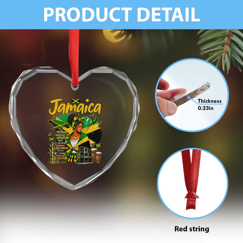 Proud Jamaican Queen Jamaica Roots Heritage Heart Crystal Glass Ornament Doctor Bird and Island Landmarks Graphic