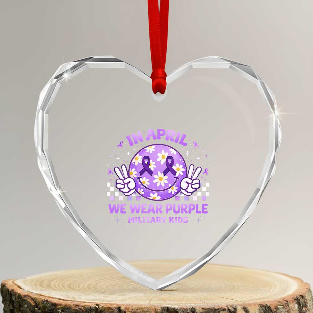Proud Military Kids Heart Crystal Glass Ornament Groovy Smile Face In April We Wear Purple Military Child Month