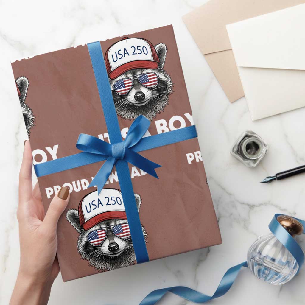 Proud New Dad It's A Boy Wrapping Paper Roll Raccoon Patriotic America 250th Anniversary