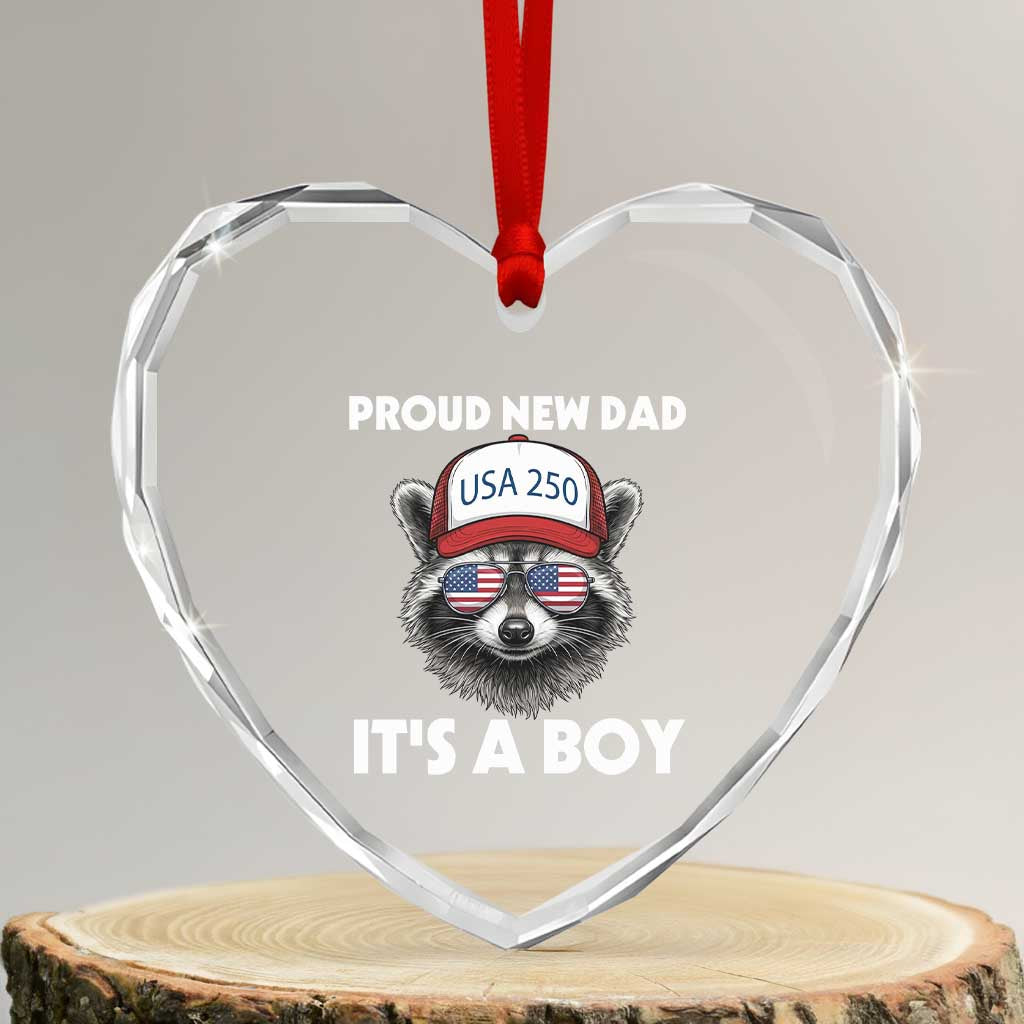 Proud New Dad It's A Boy Heart Crystal Glass Ornament Raccoon Patriotic America 250th Anniversary