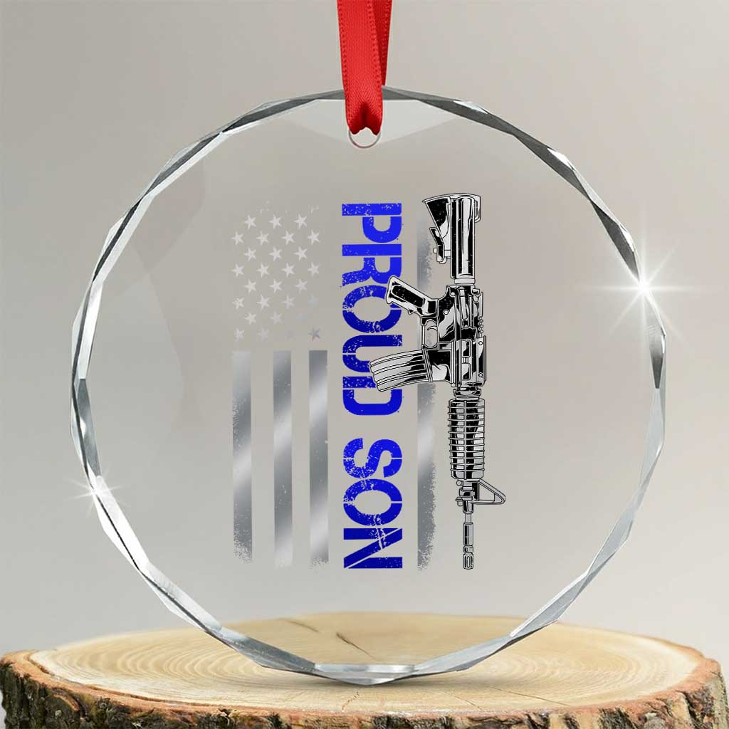 Proud Son of a Police Dad Crystal Glass Ornament Gun American Flag Family Support
